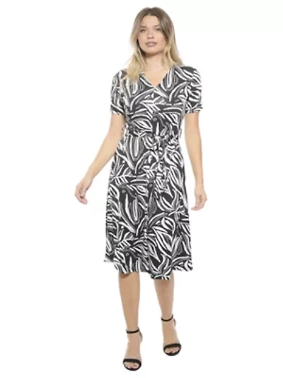 Womens Abstract V Neck Short Sleeve A Line Midi Dress