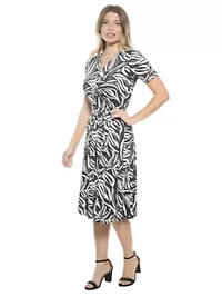Womens Abstract V Neck Short Sleeve A Line Midi Dress