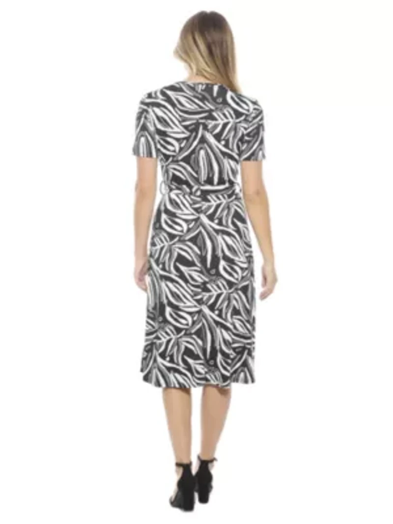Womens Abstract V Neck Short Sleeve A Line Midi Dress