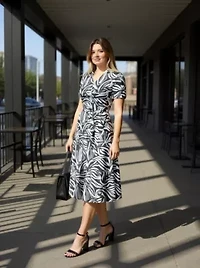 Womens Abstract V Neck Short Sleeve A Line Midi Dress