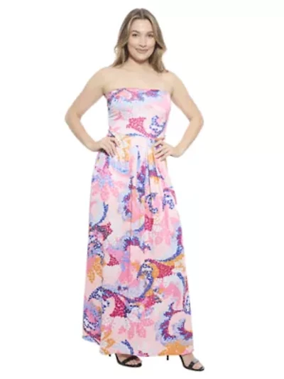 Womens Abstract A Line Strapless Pocket Maxi Dress