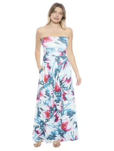 Womens Butterfly A Line Strapless Pocket Maxi Dress