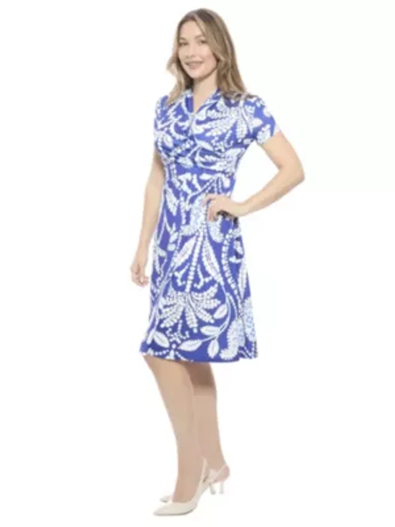 Womens Paisley V Neck Short Sleeve Faux Wrap Knee Length A Line Dress