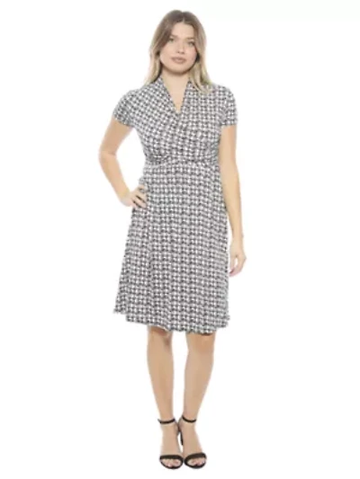 Womens Geometric V Neck Short Sleeve Faux Wrap Knee Length A Line Dress