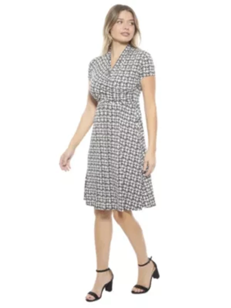 Womens Geometric V Neck Short Sleeve Faux Wrap Knee Length A Line Dress