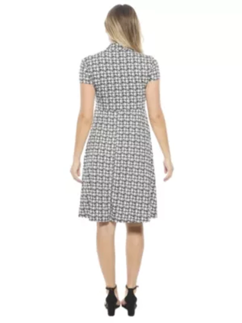 Womens Geometric V Neck Short Sleeve Faux Wrap Knee Length A Line Dress