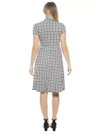 Womens Geometric V Neck Short Sleeve Faux Wrap Knee Length A Line Dress