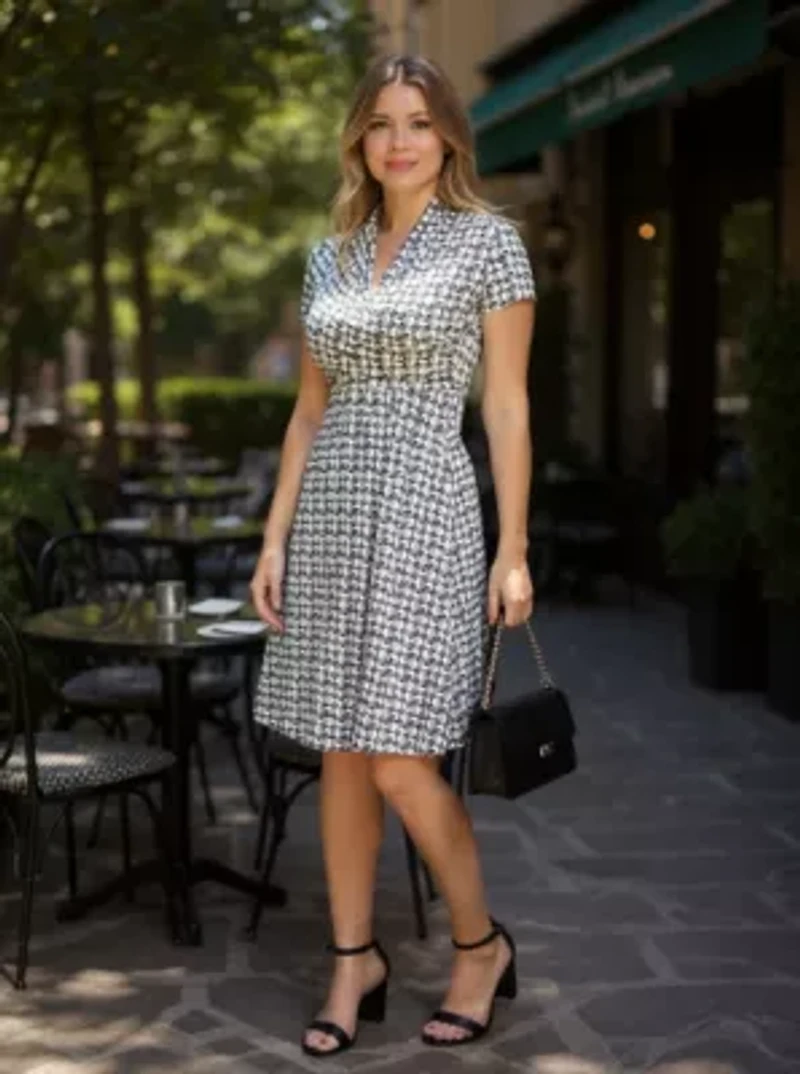 Womens Geometric V Neck Short Sleeve Faux Wrap Knee Length A Line Dress