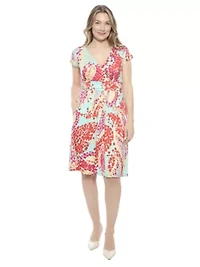 Womens Abstract V Neck Cap Sleeve Knee Length A Line Pocket Dress