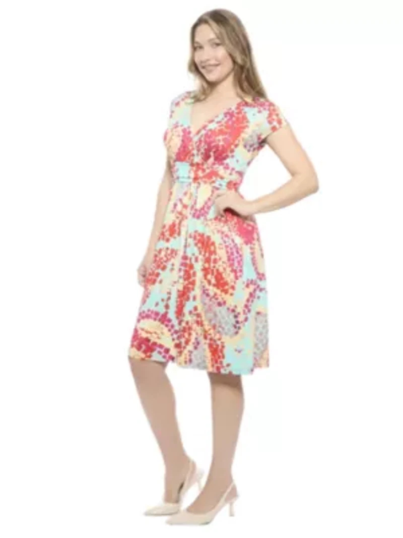 Womens Abstract V Neck Cap Sleeve Knee Length A Line Pocket Dress