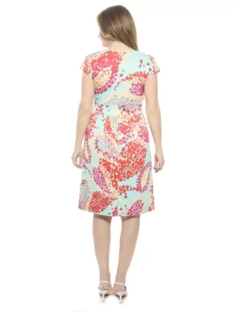 Womens Abstract V Neck Cap Sleeve Knee Length A Line Pocket Dress