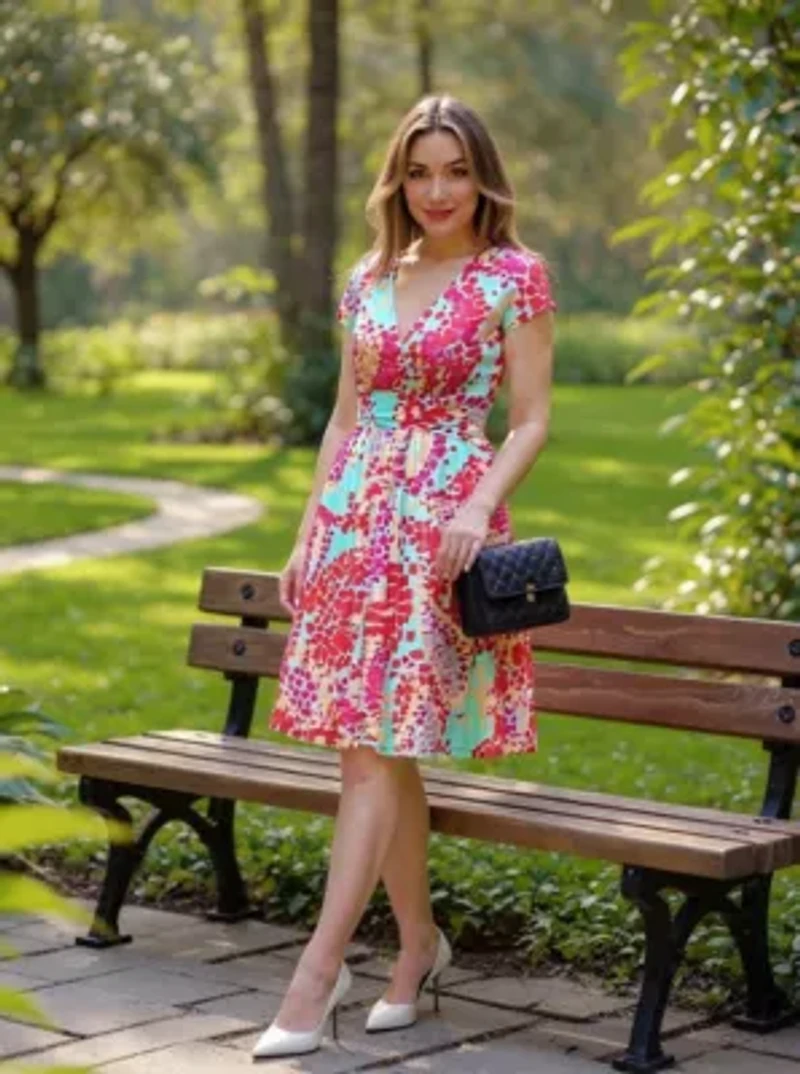 Womens Abstract V Neck Cap Sleeve Knee Length A Line Pocket Dress