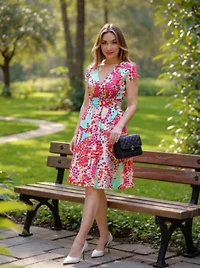 Womens Abstract V Neck Cap Sleeve Knee Length A Line Pocket Dress