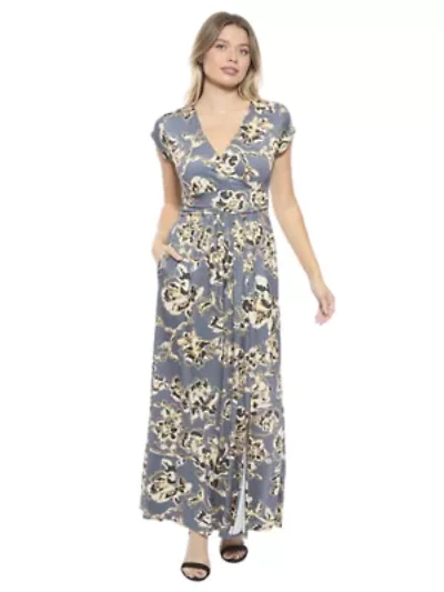 Womens Floral V Neck Cap Sleeve Side Slit Pocket Maxi Dress