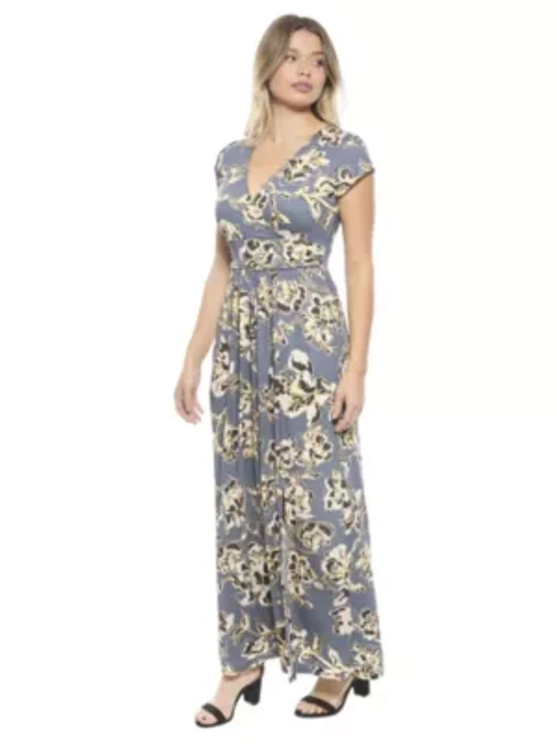 Womens Floral V Neck Cap Sleeve Side Slit Pocket Maxi Dress