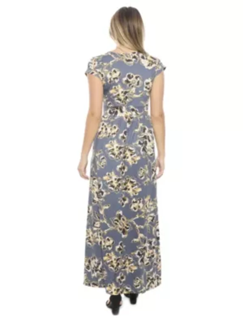 Womens Floral V Neck Cap Sleeve Side Slit Pocket Maxi Dress