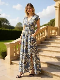 Womens Floral V Neck Cap Sleeve Side Slit Pocket Maxi Dress