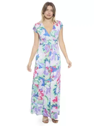 Womens Abstract V Neck Cap Sleeve Side Slit Pocket A Line Maxi Dress