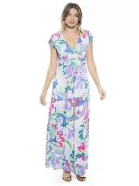 Womens Abstract V Neck Cap Sleeve Side Slit Pocket A Line Maxi Dress