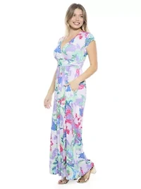 Womens Abstract V Neck Cap Sleeve Side Slit Pocket A Line Maxi Dress