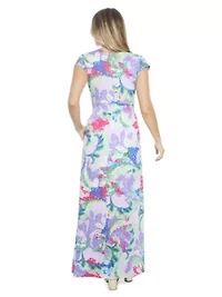 Womens Abstract V Neck Cap Sleeve Side Slit Pocket A Line Maxi Dress