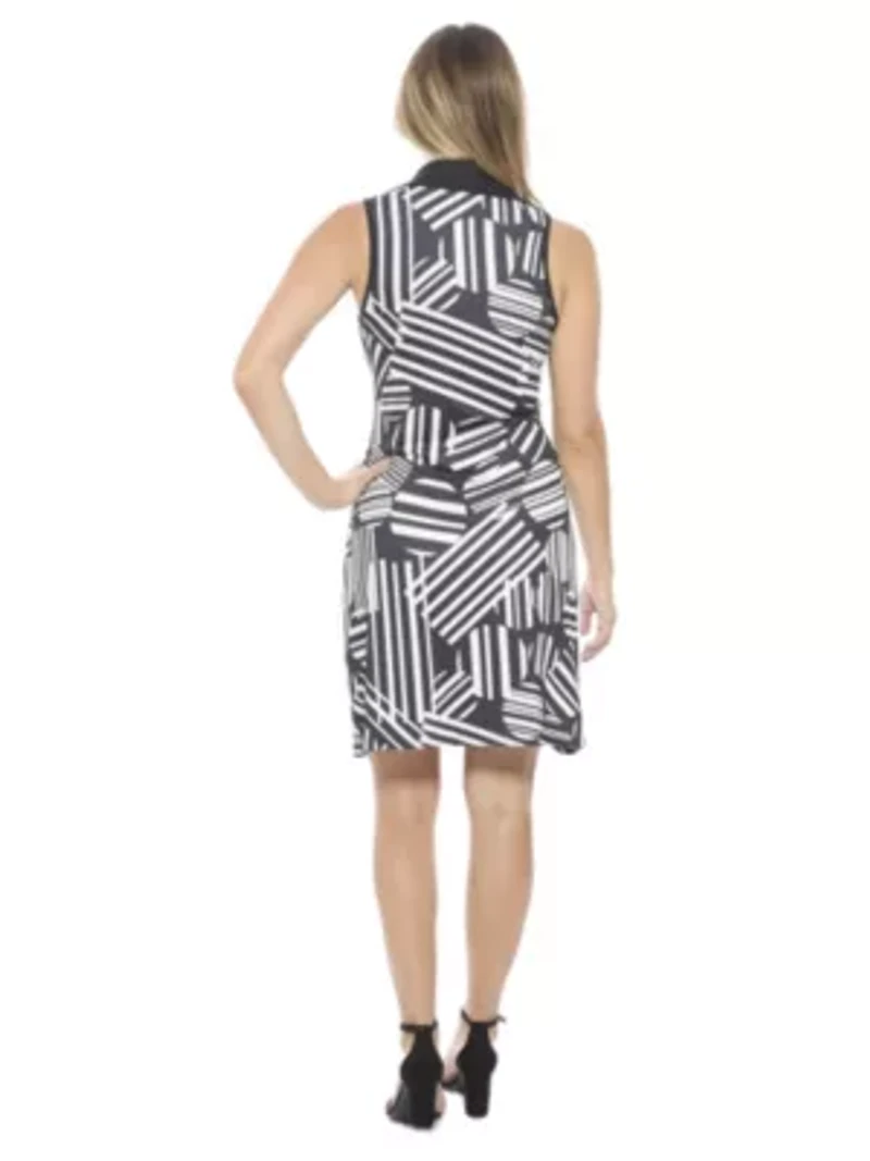 Womens Geometric Sleeveless Collared Knee Length A Line Dress