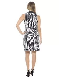 Womens Geometric Sleeveless Collared Knee Length A Line Dress