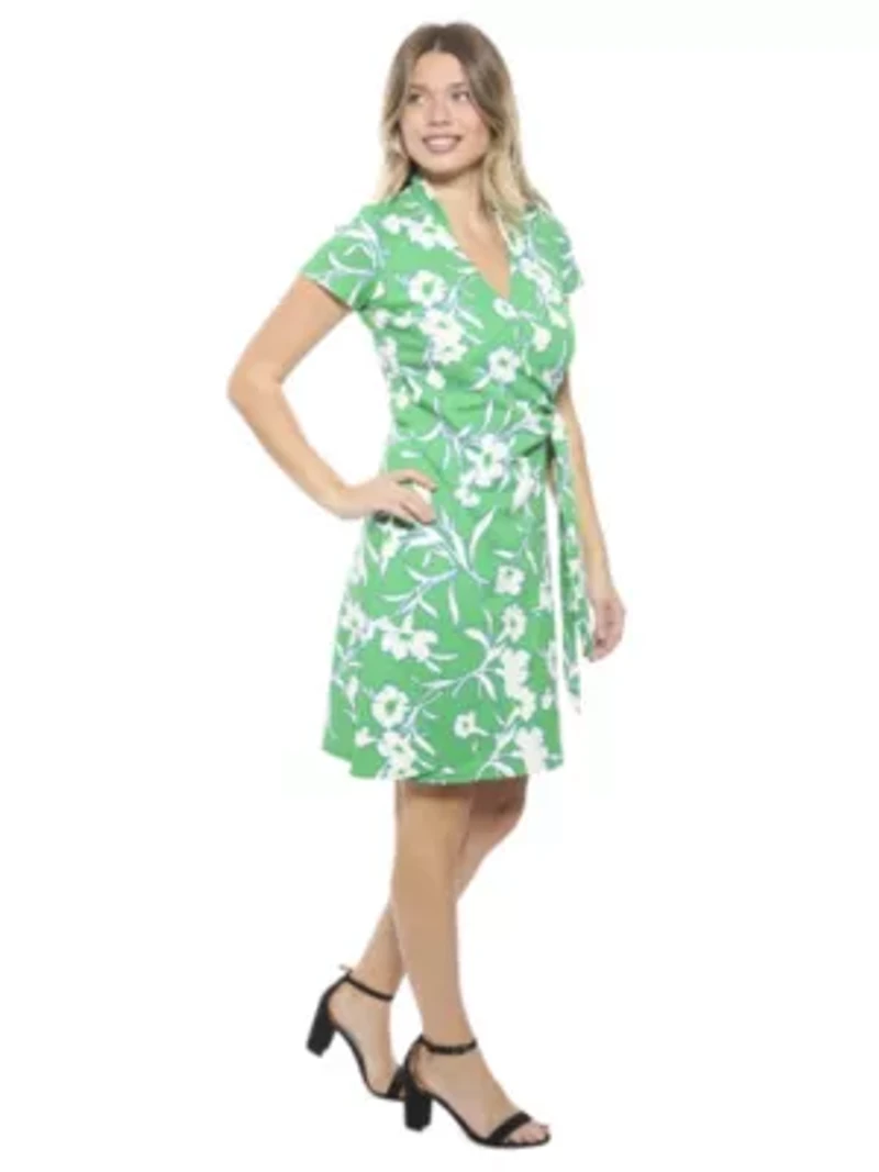 Womens Floral Collar Knee Length Side Tie Wrap Dress