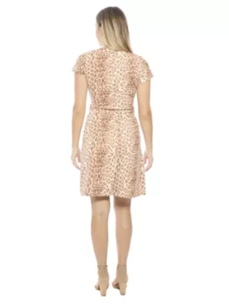 Womens Cheetah Collar Knee Length Side Tie Wrap Dress