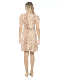 Womens Cheetah Collar Knee Length Side Tie Wrap Dress