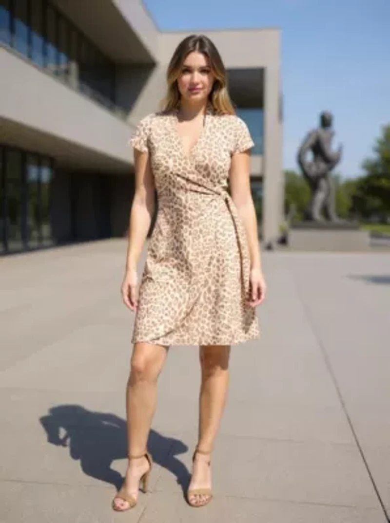 Womens Cheetah Collar Knee Length Side Tie Wrap Dress