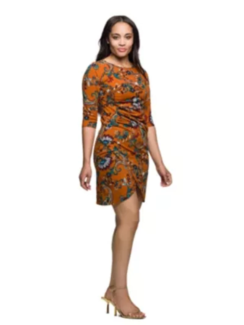 Womens Elbow Sleeve Ruched Tulip Fall Print Mini Dress