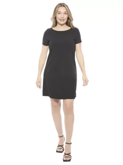 Womens Solid Short Sleeve Round Neck Mini Shift Dress