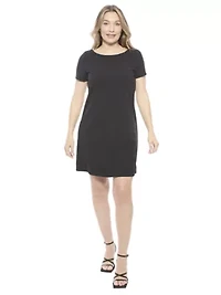 Womens Solid Short Sleeve Round Neck Mini Shift Dress