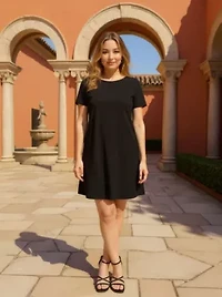 Womens Solid Short Sleeve Round Neck Mini Shift Dress