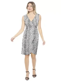 Womens Cheetah V Neck Sleeveless Faux Wrap Tulip Hem Midi Dress