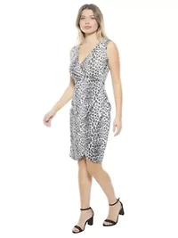Womens Cheetah V Neck Sleeveless Faux Wrap Tulip Hem Midi Dress