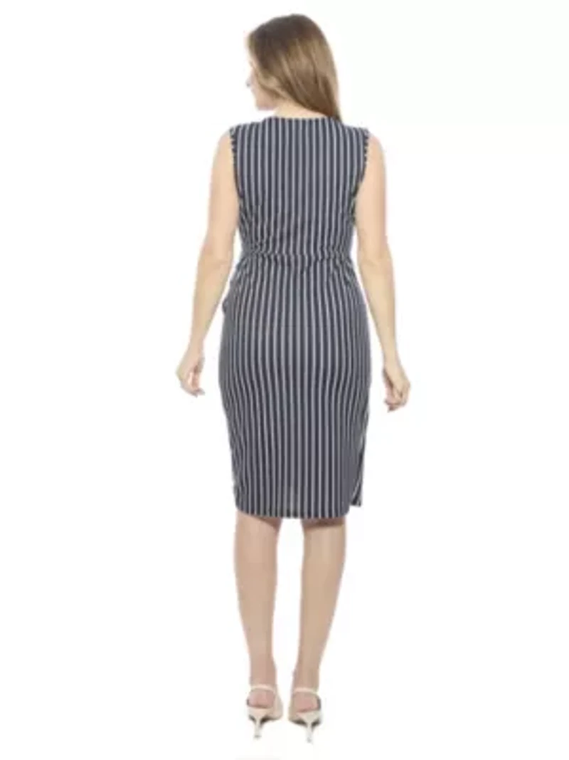 Womens Striped V Neck Sleeveless Faux Wrap Tulip Hem Midi Dress
