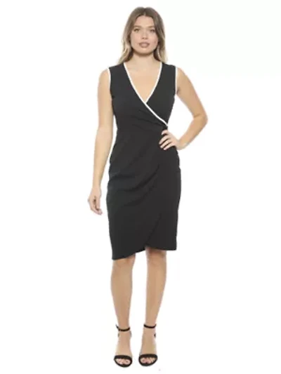 Womens V Neck Sleeveless Faux Wrap Tulip Hemline Midi Dress