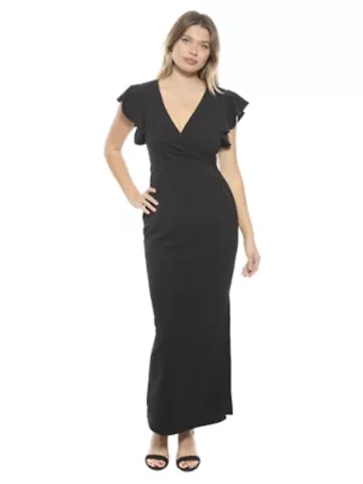 Womens Solid V Neck Tulip Hem Ruffle Sleeve Faux Wrap Maxi Dress