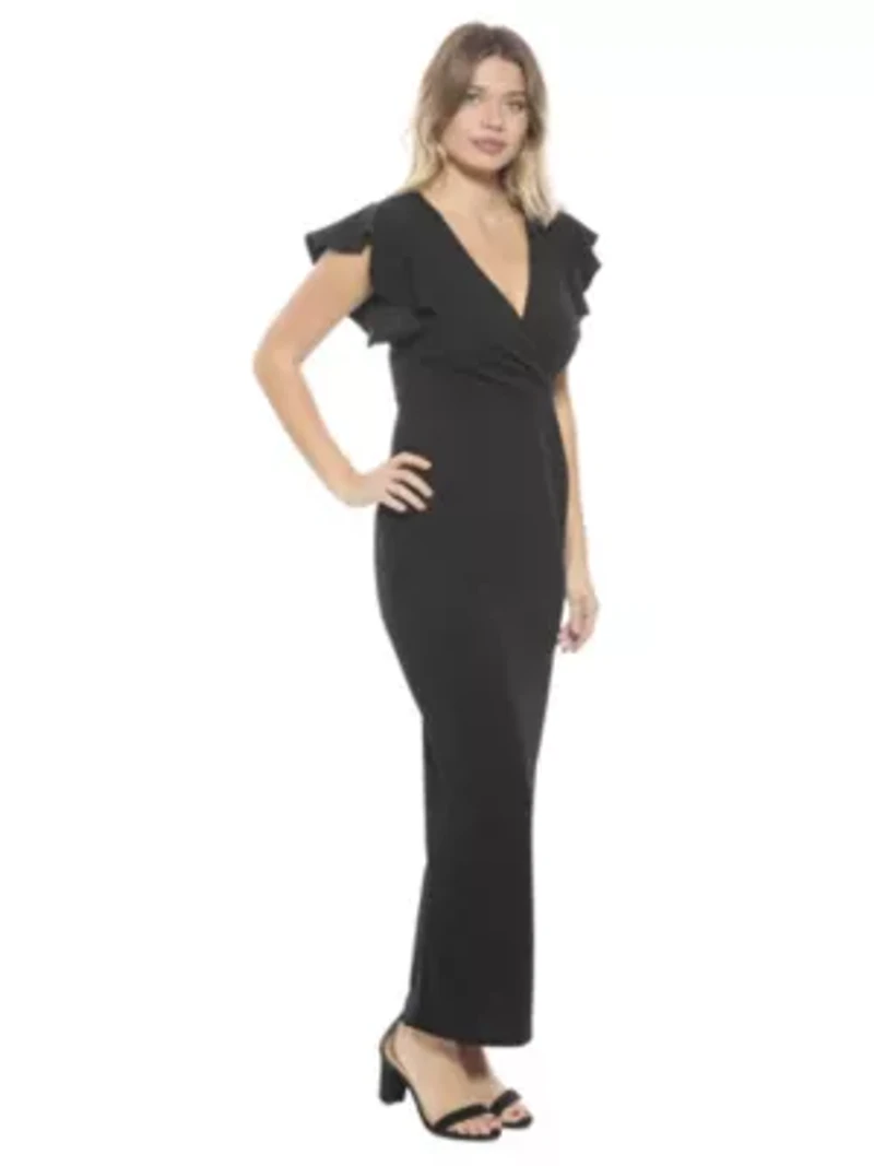 Womens Solid V Neck Tulip Hem Ruffle Sleeve Faux Wrap Maxi Dress