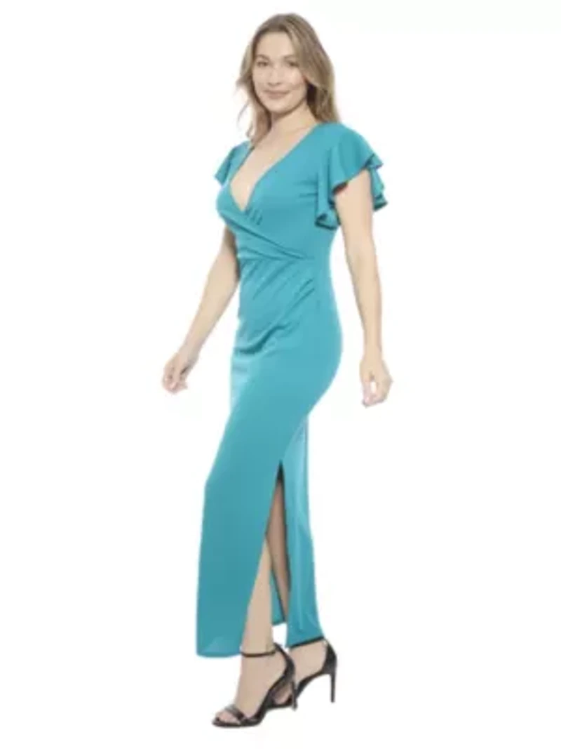 Womens Solid V Neck Tulip Hem Ruffle Sleeve Faux Wrap Maxi Dress