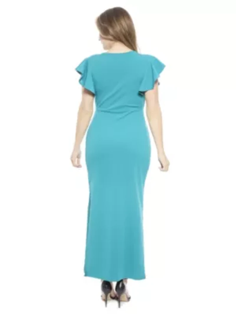 Womens Solid V Neck Tulip Hem Ruffle Sleeve Faux Wrap Maxi Dress