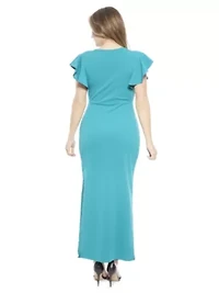 Womens Solid V Neck Tulip Hem Ruffle Sleeve Faux Wrap Maxi Dress