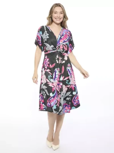 Womens Paisley V Neck Short Dolman Sleeve Twist Front A Line Midi Dress