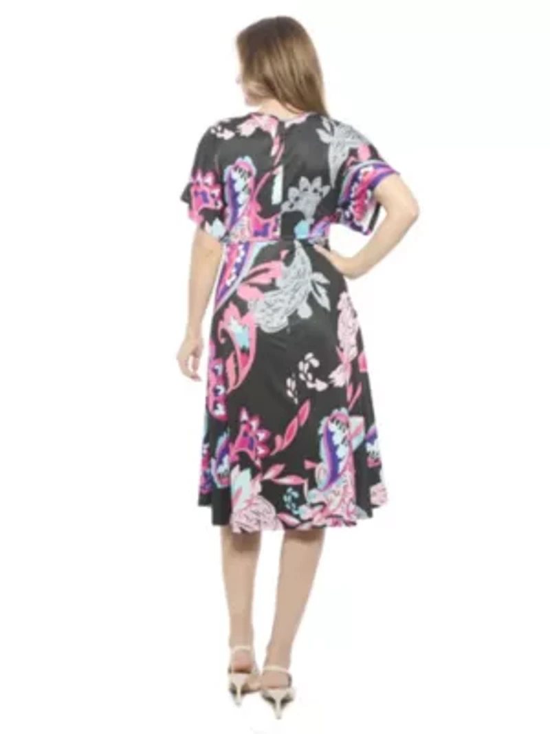 Womens Paisley V Neck Short Dolman Sleeve Twist Front A Line Midi Dress
