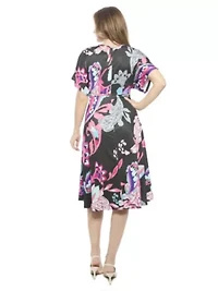 Womens Paisley V Neck Short Dolman Sleeve Twist Front A Line Midi Dress