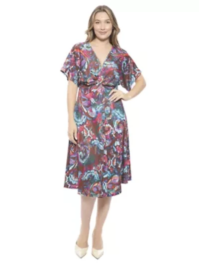 Womens Abstract V Neck Short Dolman Sleeve Twist Front A Line Midi Dress