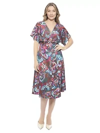 Womens Abstract V Neck Short Dolman Sleeve Twist Front A Line Midi Dress