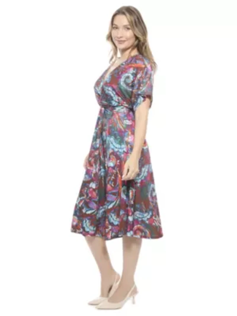 Womens Abstract V Neck Short Dolman Sleeve Twist Front A Line Midi Dress